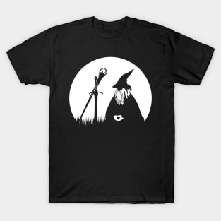 Moon Meditating Wizard - Minimalist Black and White Fantasy Silhouette T-Shirt